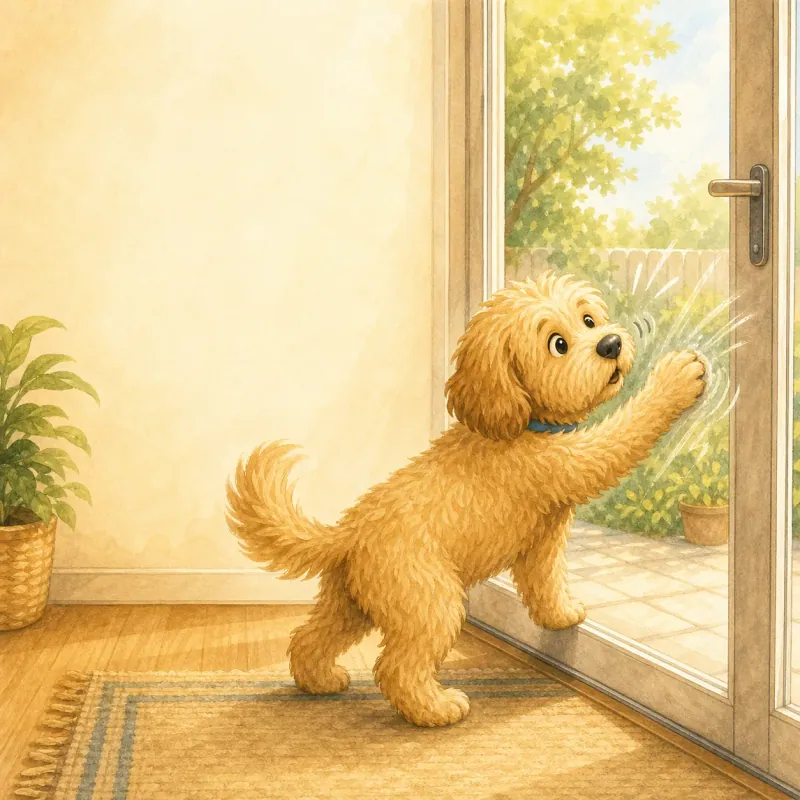 Bruno scratches at the glass back door with one fluffy paw; funny nose pressed to glass; sunny patio visible outside.