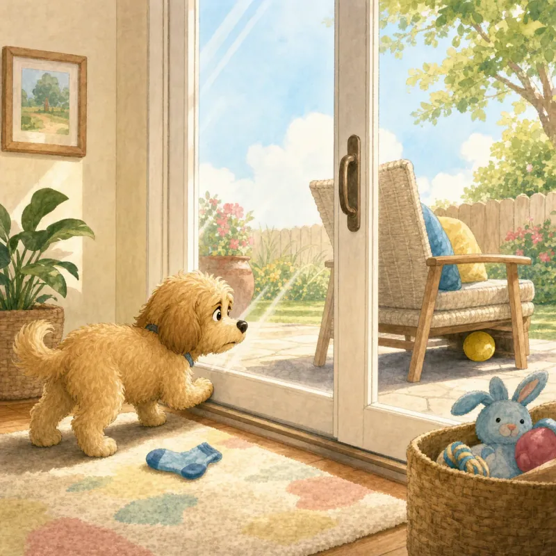 Bruno's favorite yellow ball sits under a patio chair in the shade, close but unreachable, while Bruno waits at the door.