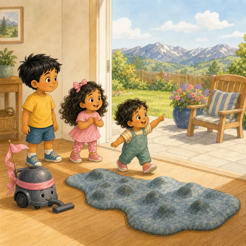 Anvi presses both hands on the glass and bounces on her toes, pointing urgently outside.