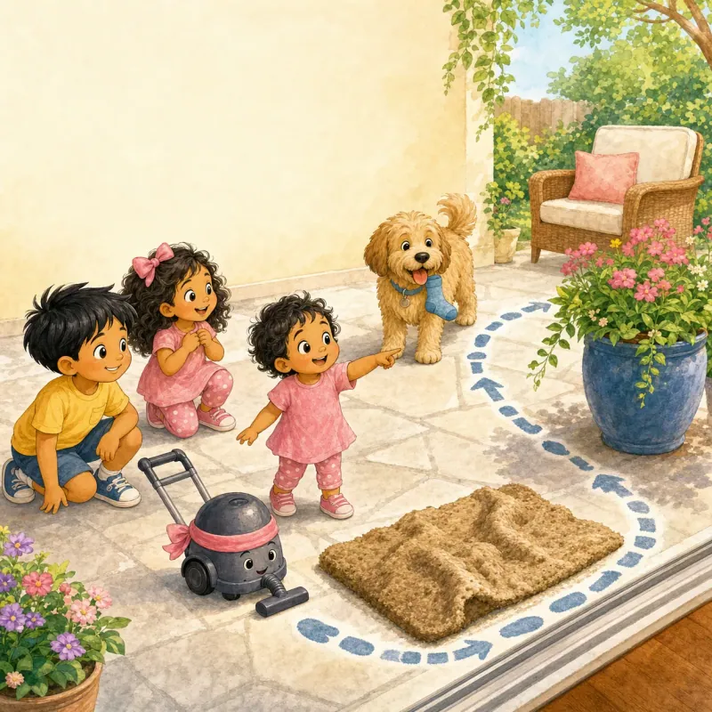 Anvi points around the lumpy mat, past a flower pot, and toward the patio chair.