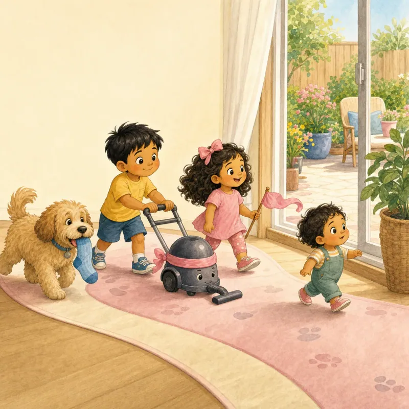Riyan slowly drives Captain Vacuum around the mat while Myra walks beside the pink flag and Anvi leads with tiny brave steps.