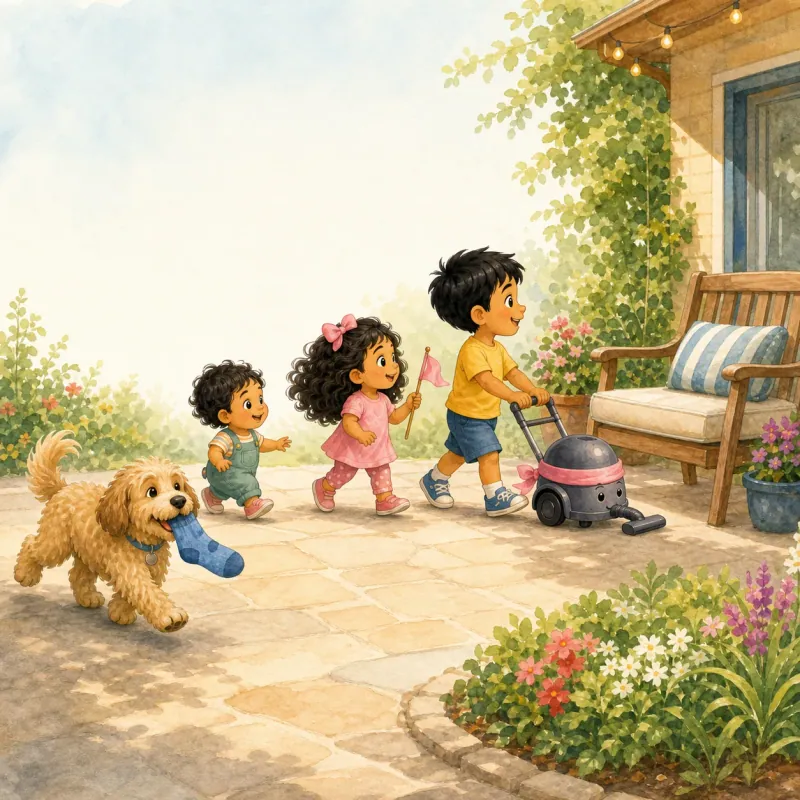 Bruno trots behind the rescue team carrying one sock like a very important tool; everyone moving toward patio.
