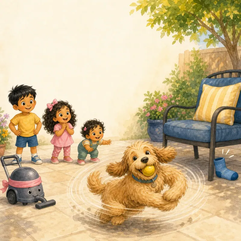 Bruno grabs his rescued ball and spins in a happy doodle circle; sock remains under chair looking accidentally proud.